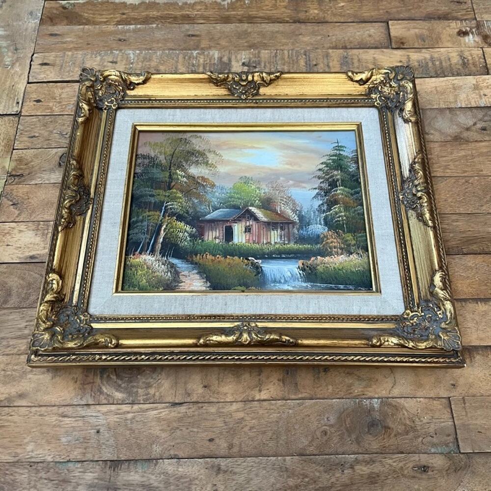 Vintage-style Oil Painting Cabin by a river Gold Ornate Wood Frame